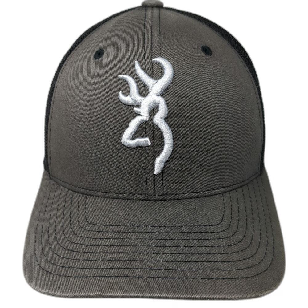 Browning Baseball Cap Gray Black White M Mesh Back Flexfit Buckmark Logo Hat